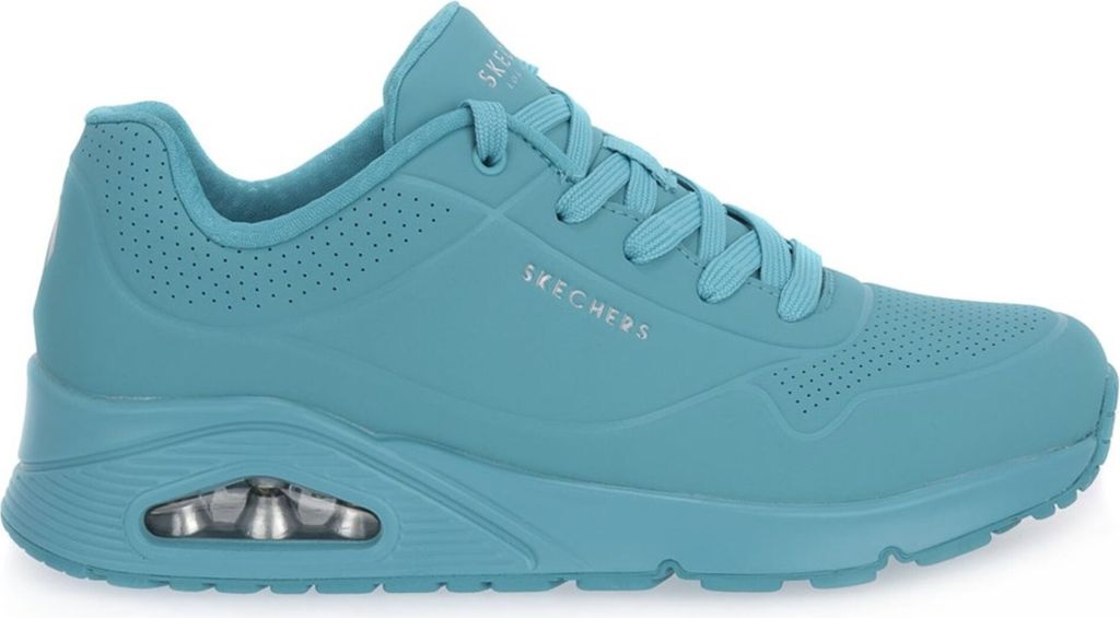 A side view of a single turquoise Skechers Uno Stand on Air shoe against a white background.