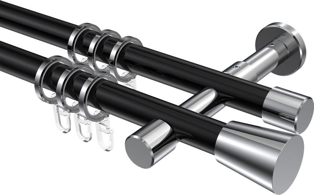 Interdeco Gardinenstange / Vorhangstange Schwarz / Chrom, Typ Prestige Sitra (Konus), 20 mm Ø 2-läufig, 360 cm