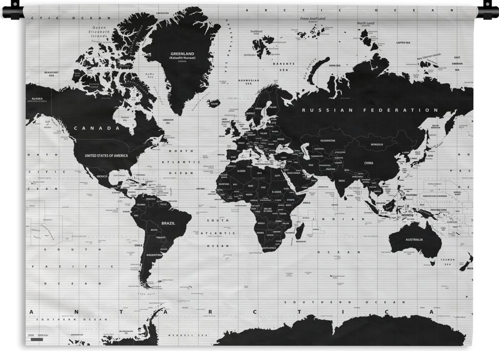 MuchoWow Wandteppich Wandbehang Weltkarte - Schwarz - Weiß - Atlas - Erde - Bildung 60x45 cm Tapisserie Dekoration Wandtuch - Das Schlafzimmer