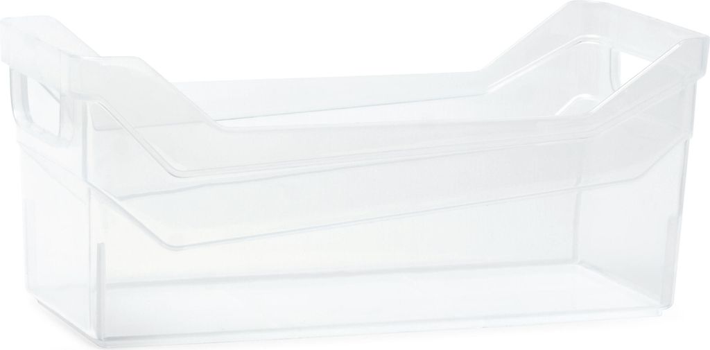 A clear, studio shot of a transparent plastic storage container.