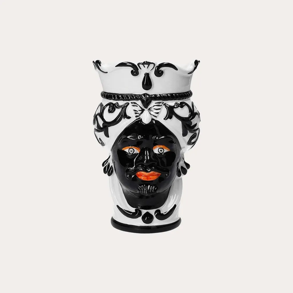 Vase Buste en Céramique Noire Sculpture Visage Homme Décoration 25cm