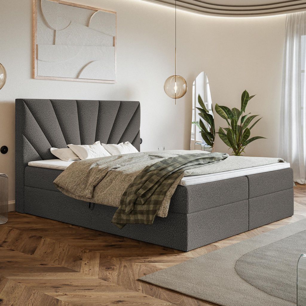 MOTIVENA Aspen Boxspringbett 180x200 Grau Boucle (Catch Me 25), Taschenfederkern-Matratze (H3), T28 Komfortschaumstoff Topper (H3)