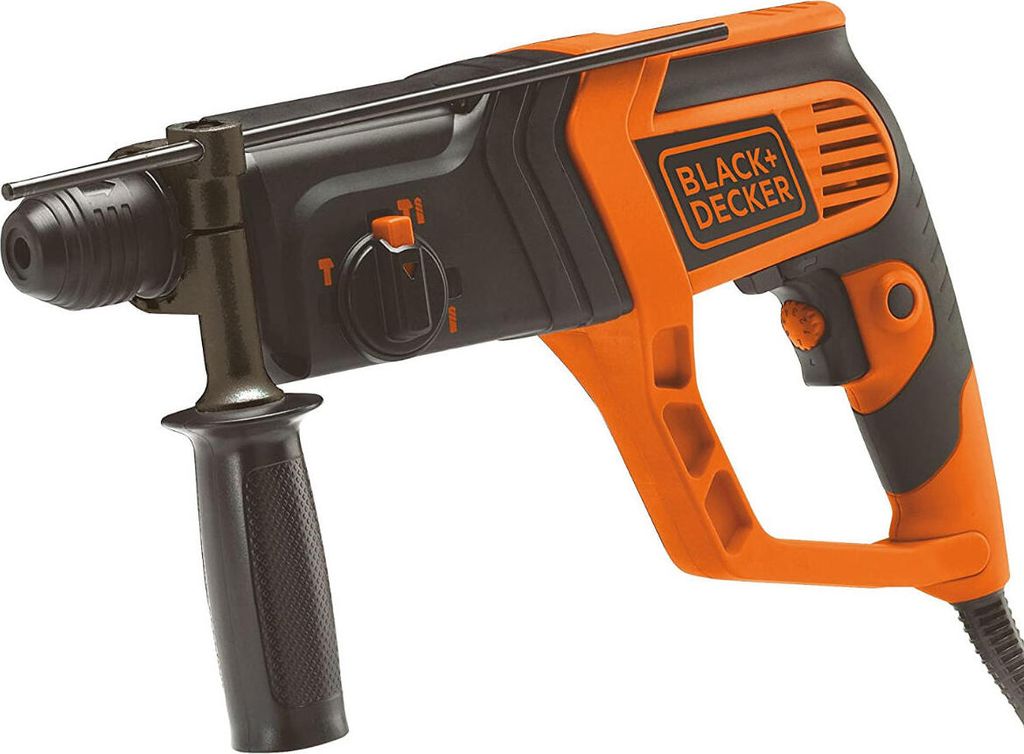 A Black+Decker rotary hammer drill is shown against a white background.