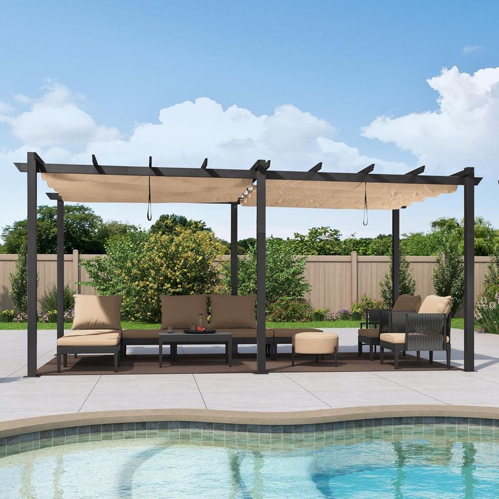 PURPLE LEAF Aluminium Pergola 3.65 x 5.5 m Wasserdicht Stabil Winterfest, Garten Pavillon mit Sonnenschutz uberdachung, UV-Schutz, Beige