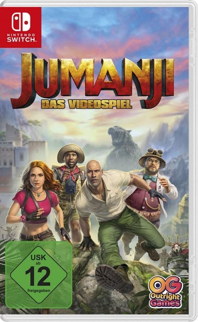 The cover art for the Jumanji video game for Nintendo Switch, featuring the main characters in an adventurous jungle setting.