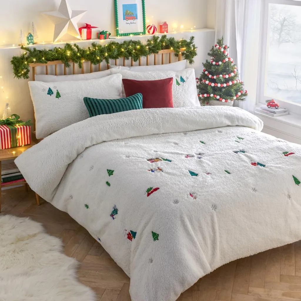 Parure de Lit de Noël en Polaire Blanche Douce pour Lit 2 Personnes Furn
