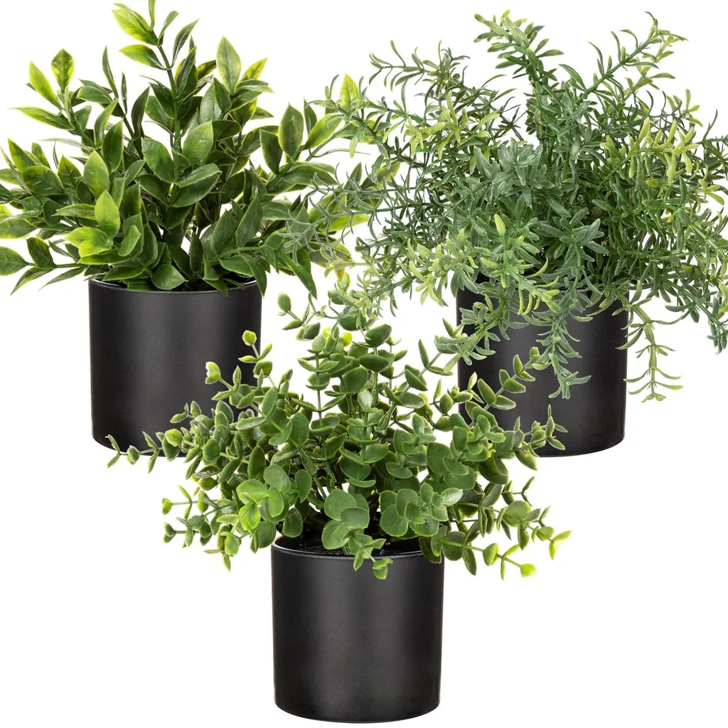 Trio de plantes artificielles réalistes avec eucalyptus et romarin
