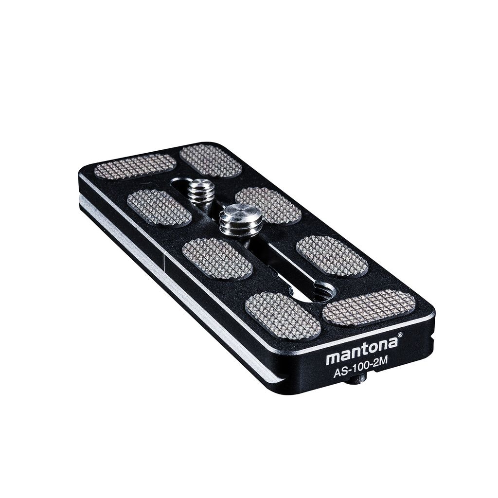 Mantona AS-100-2M Schnellwechselplatte Arca-Swiss kompatibel 100 x 38 mm Aluminium mit 1/4" und 3/8" Schrauben, Gummipuffern und Mittenmarkierung