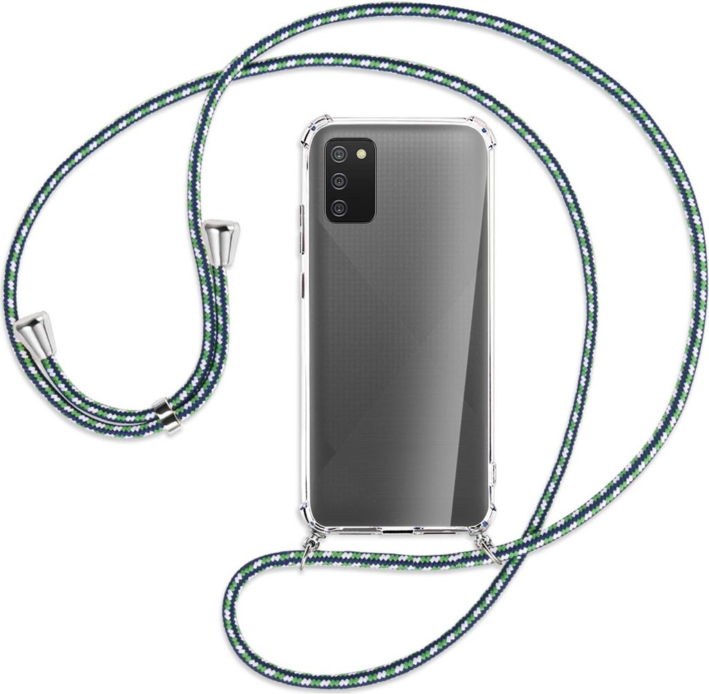 Handykette Backcover-Schutzhülle mit Band (Metall silberfarben) für Samsung Galaxy A02s - grün/blau/weiß