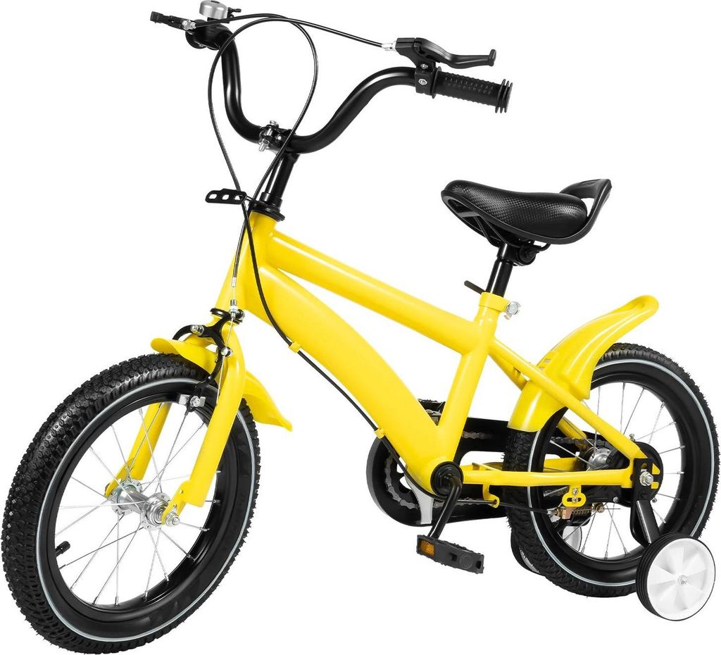 Kinderfahrrad, 14 Zoll mit Stützrädern, höhenverstellbar für 2–5-jährige Mädchen und Jungen, gelb