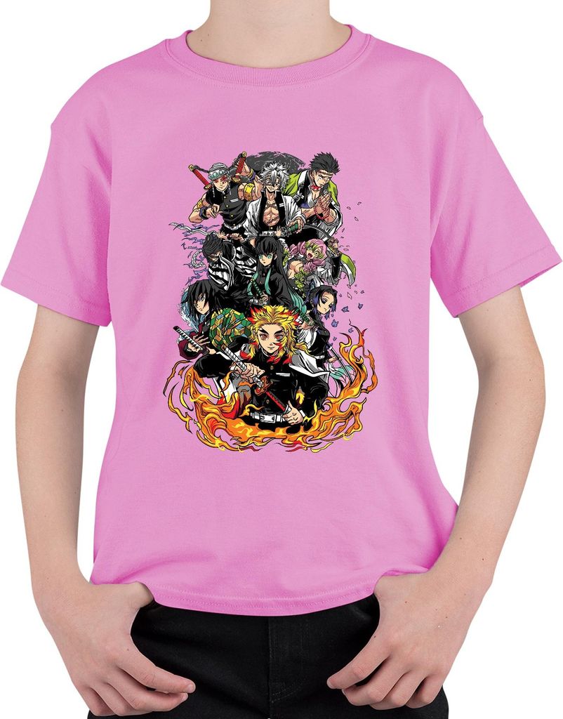 Demon Slayer Rengoku Tanjiro Nezuko Gruppe Feuer Anime Vintage Uni Kinder T-Shirt, Pink, 152