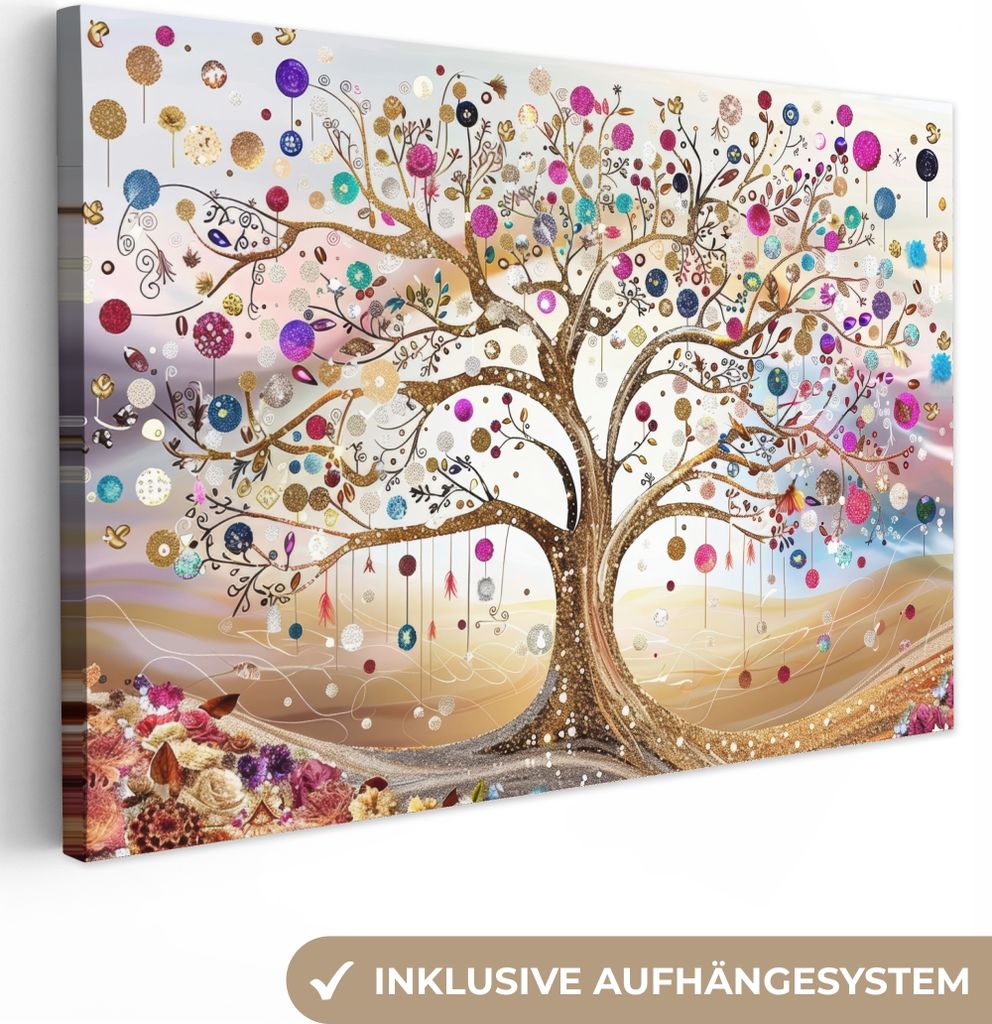 Leinwandbilder 120x80 cm - Baum des Lebens Gold, moderne Wandbilder für Wohnzimmer