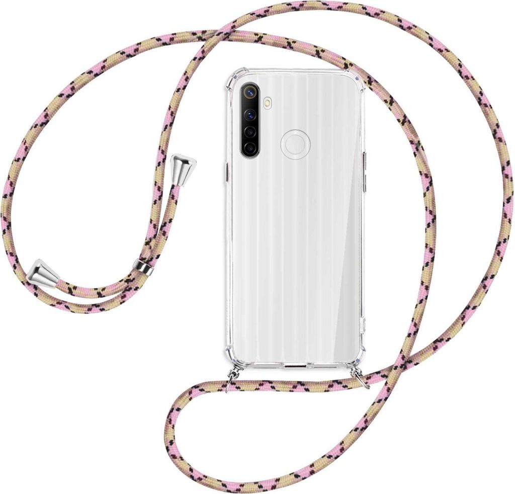 Handykette Backcover-Schutzhülle mit Band (Metall silberfarben) für Realme C3 - rosa Karo