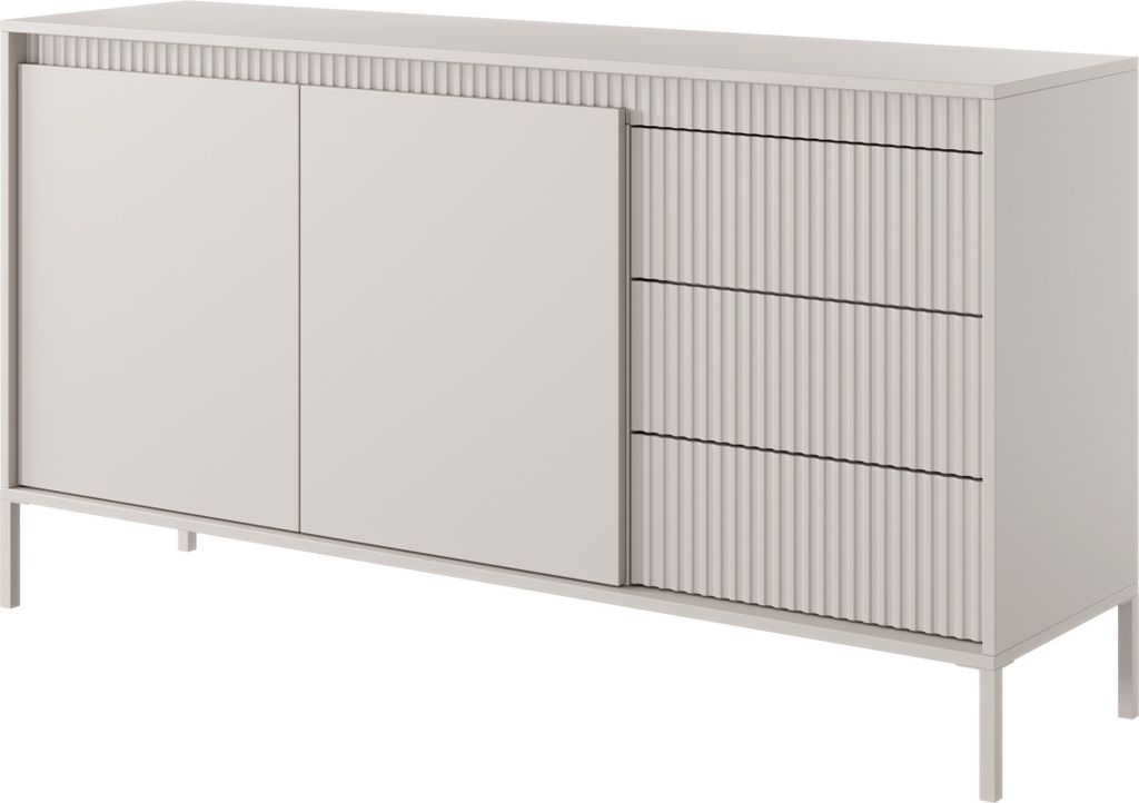 A beige sideboard with fluted doors and drawers on a white background.