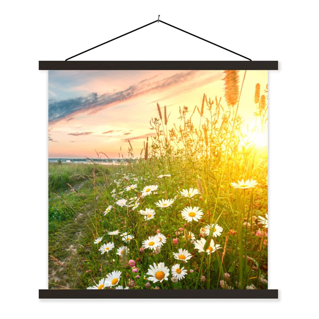 MuchoWow Textilposter Blumen - Gänseblümchen - Natur - Sonne - Horizont 120x120 cm mit schwarzem Rahmen - Aufhängungsset