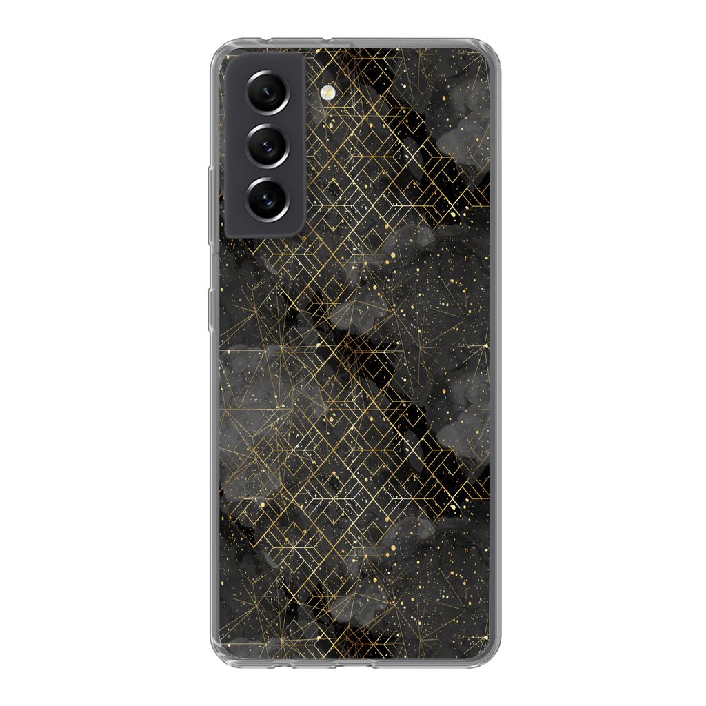 MuchoWow Handyhülle Schutzhülle Hülle für Samsung Galaxy S21 FE Marmor - Schwarz - Gold - Geometrie Silikon Softcase Handy Hülle - Mobiltele...
