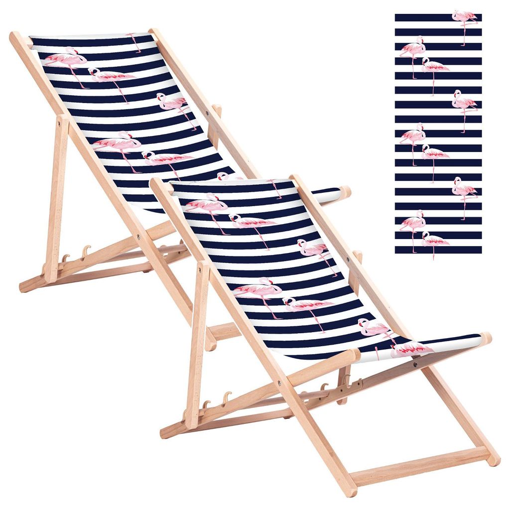 2x Liegestuhl aus Buchenholz für Strand und Garten mit Flamingo-Aufdruck