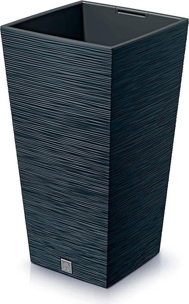 A tall, square planter with a textured surface.