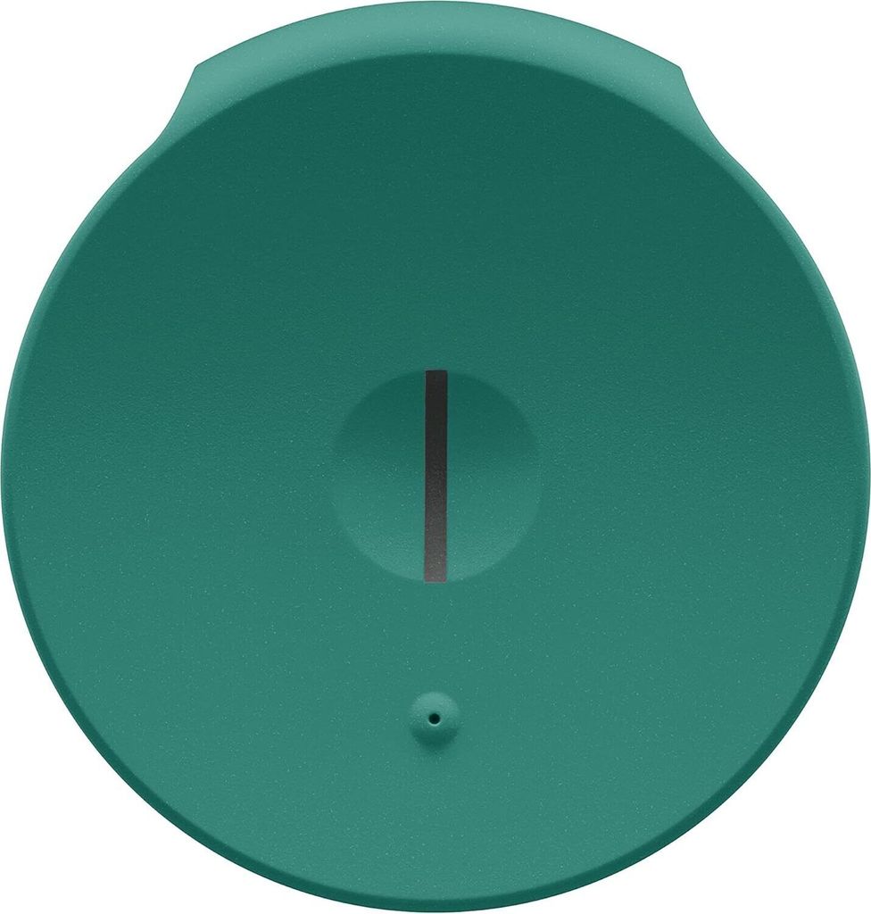 A top-down view of a teal colored Bluetooth speaker.