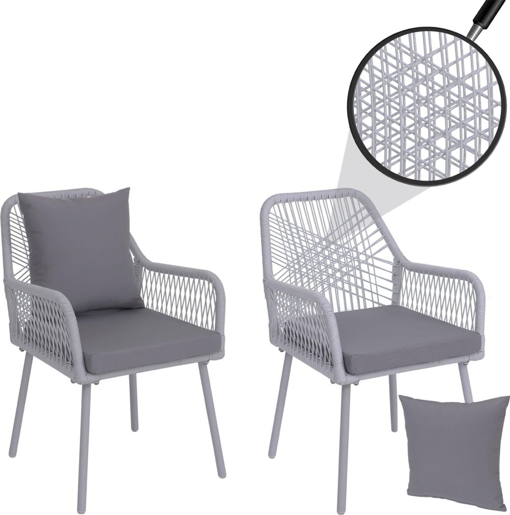 2er-Set Gartenstuhl MCW-O12, Outdoor Sitz-/Rückenpolster Aluminium Seilgeflecht Rope hellgrau, Bezug hellgrau