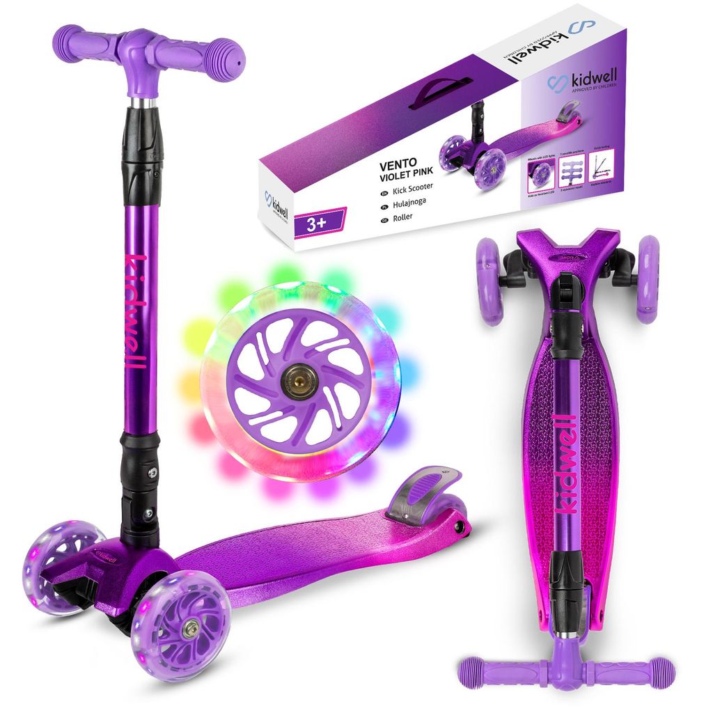 COIL Kinderroller, Dreiradscooter, Tretroller, Dreirad-Balance-Roller, Cityroller, VENTO, ABEC-7-Lager, 3-stufige Lenkradverstellung, LED-Räder, Lila