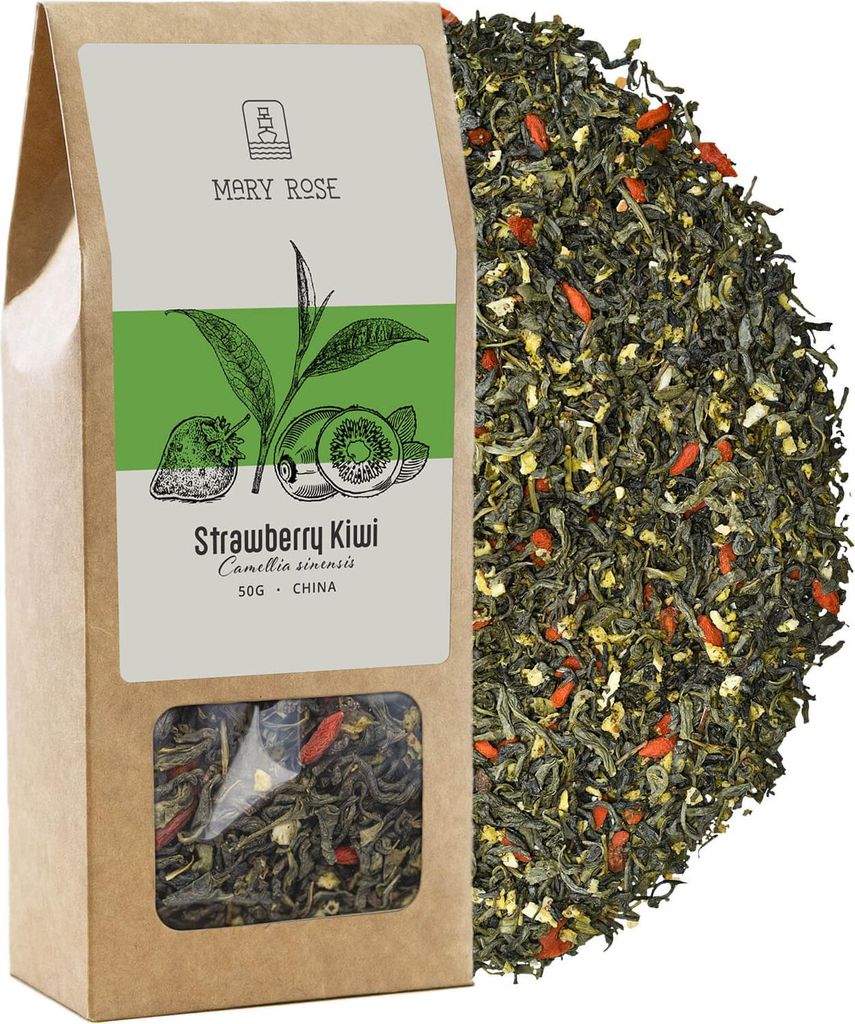 Mary Rose - Grüner Tee Erdbeere Kiwi 50g - Yunnan Mit Zitronenschale Goji-Beeren - Exotisch Fruchtig Belebend Mild - Aus China