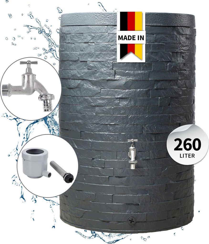 GARANTIA MURO Regenspeicher Komplett-Set 260 Liter graphite grey inkl. Chrom-Auslaufhahn und Fallrohranschluss