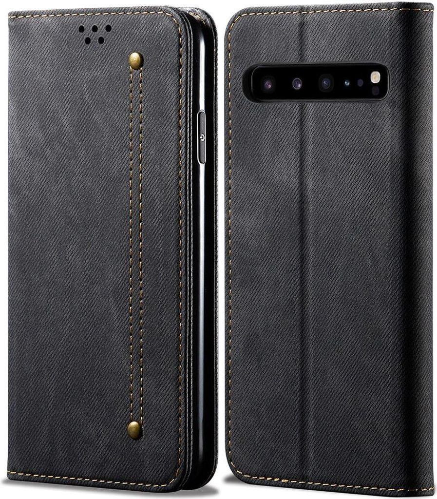 A black flip-style phone case is shown from the front and back.