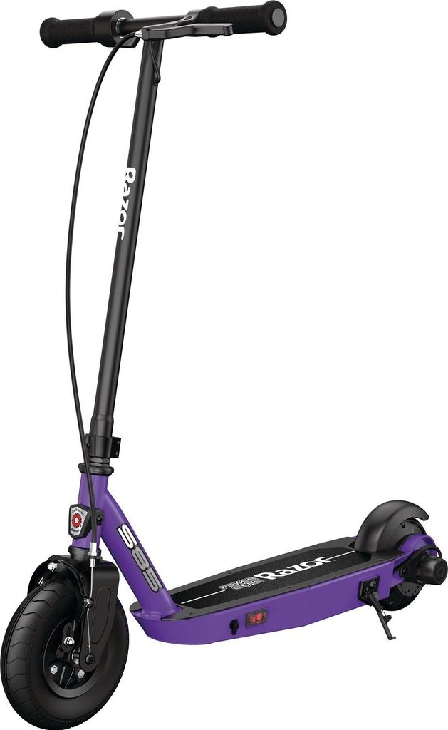 A purple and black electric scooter is shown against a white background.