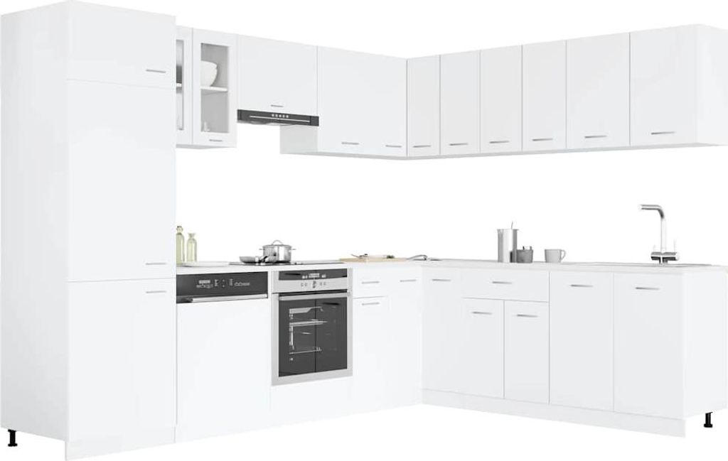 A white modular kitchen unit with appliances.