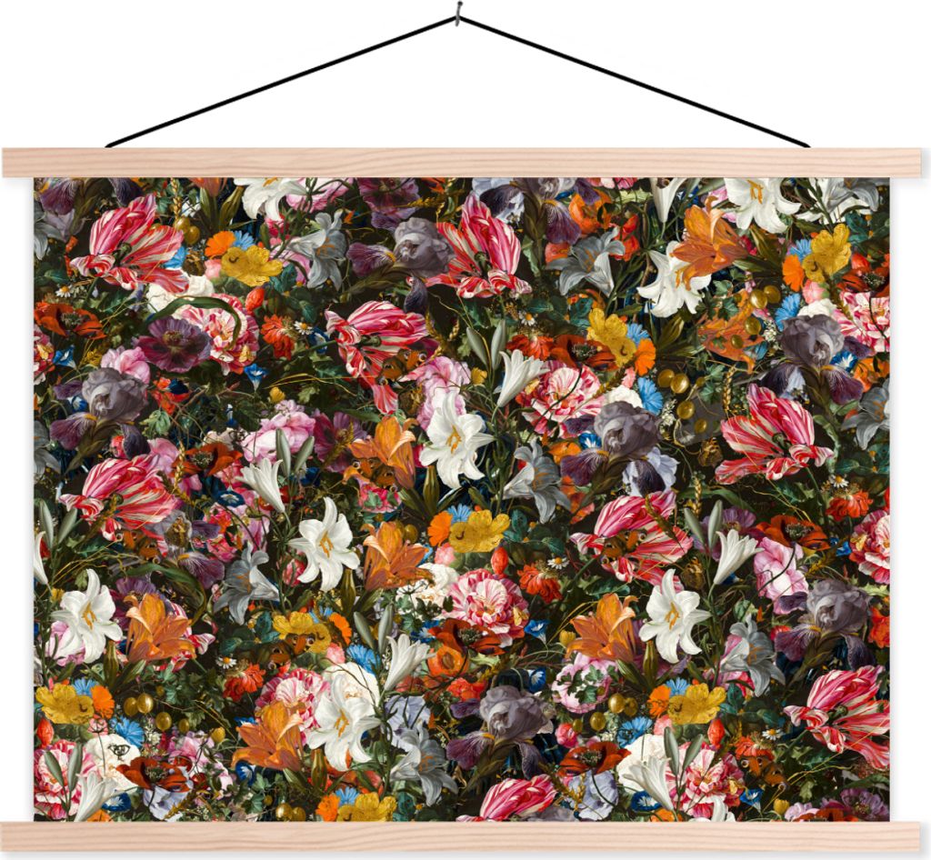 MuchoWow Textilposter Blumen - Schmetterling - Design - Kunst - Abstrakt - Malerei - Alte Meister 60x45 cm mit holzfarbenen Rahmen - Bild