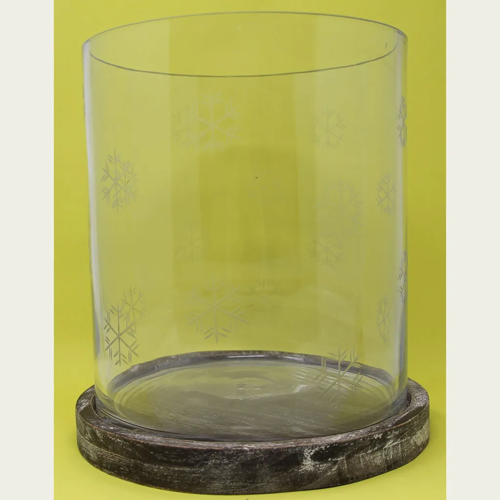 Photophore Vase Décoratif Gravure Hivernale avec Socle Bois Naturel 27cm