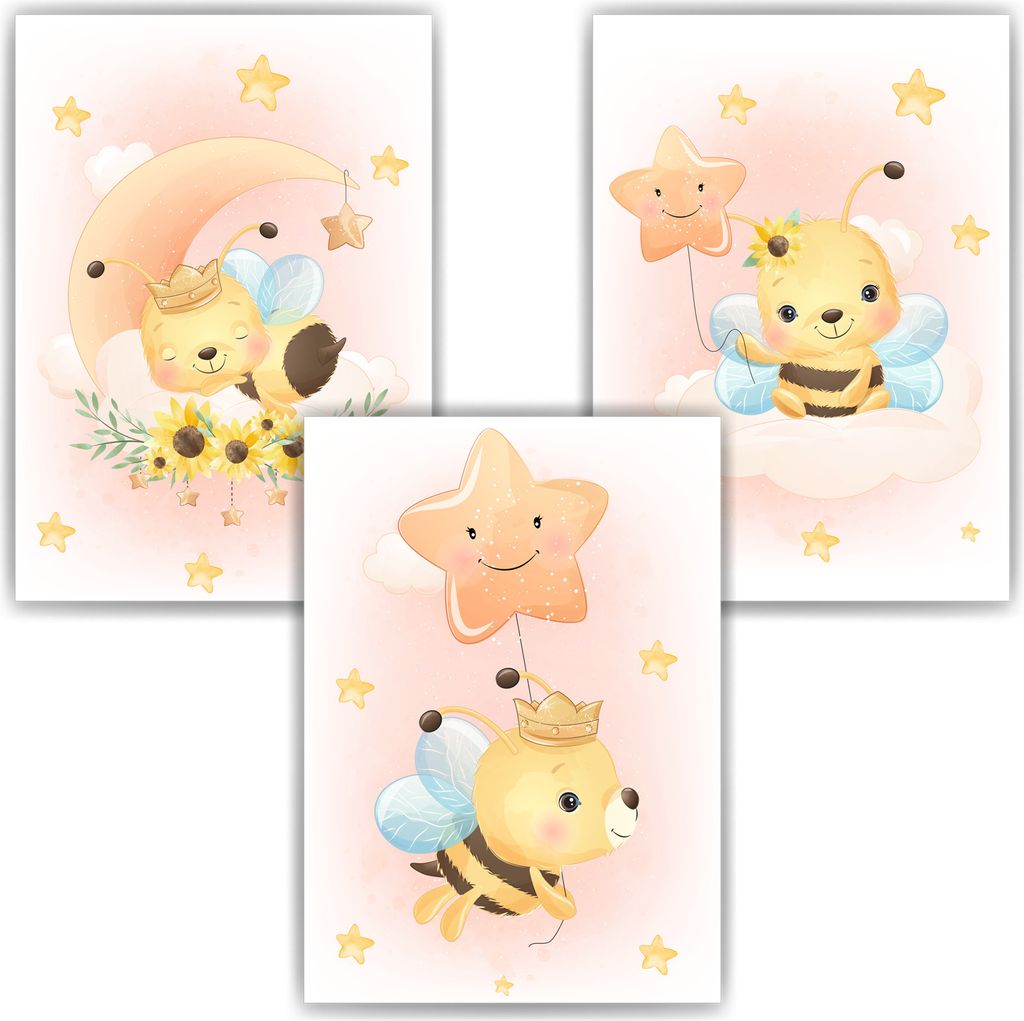 3er Set Poster für Kinderzimmer Bilder Babyzimmer Babyparty Kinderposter Biene – DIN A3 (29.7x42cm)