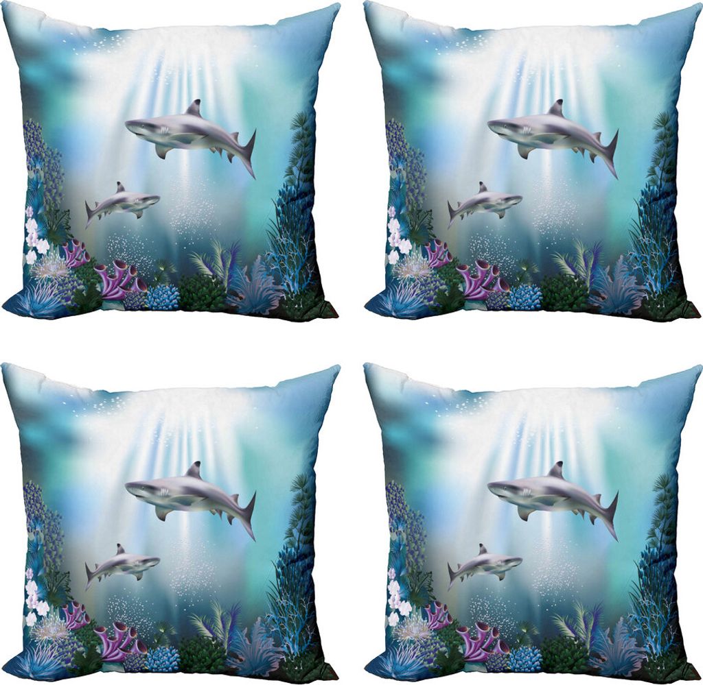 ABAKUHAUS Unterwasser- Kissenbezug Set (4 Stück), Sharks Coral Aquatic, Moderner Doppelseitiger Digitaldruck, 45 cm x 45 cm, Mehrfarbig