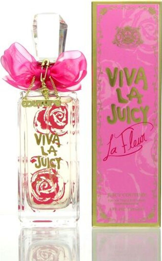 A bottle of Juicy Couture Viva La Juicy La Fleur perfume and its packaging.
