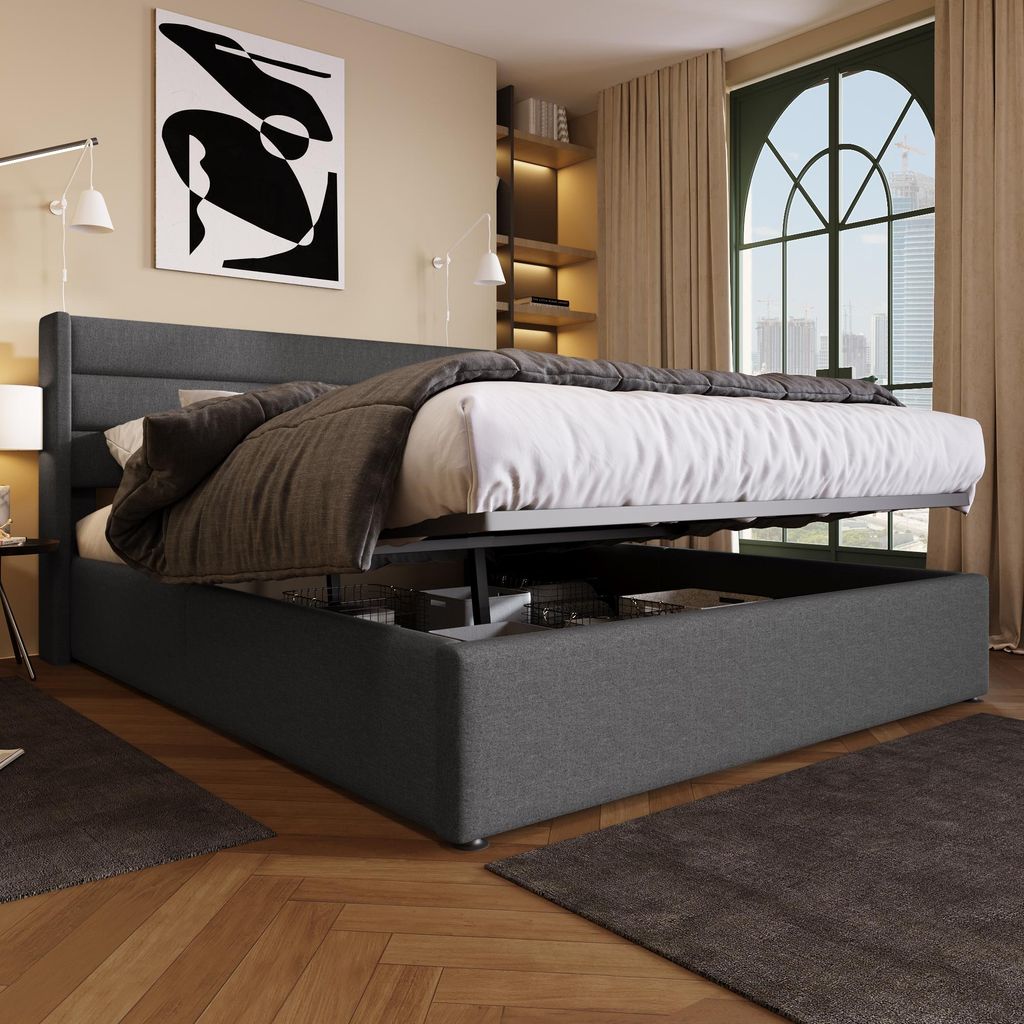okwish Polsterbett Hydraulisch Doppelbett Stauraumbett 180x200cm, Lattenrost aus Holz, Bett mit Lattenrost aus Metallrahmen, Leinen, Grau