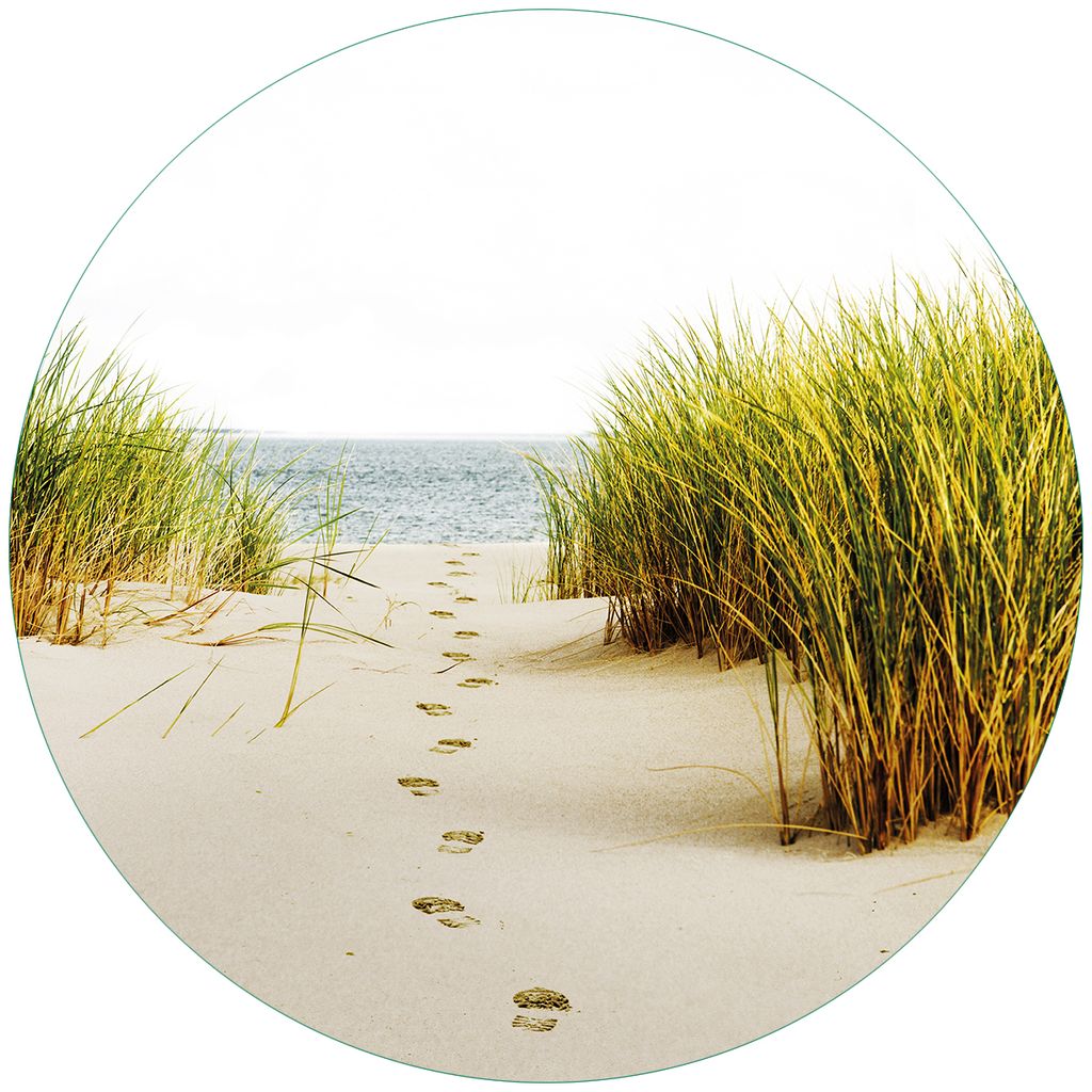 Wallario Premium Glasbild, freischwebende Optik, kräftige Farben, rund 50cm Durchmesser, Motiv Spuren im Sand- Fußspuren durch die Düne zum Meer