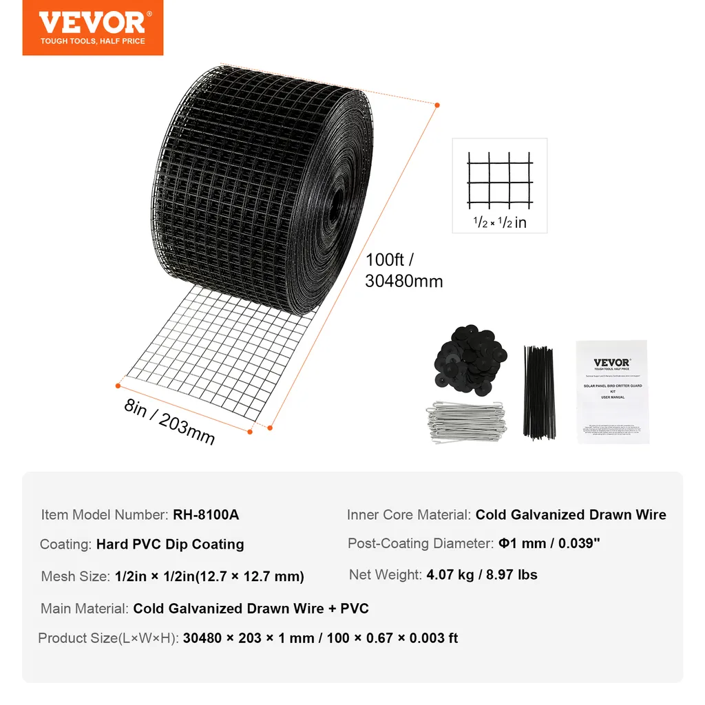 VEVOR protezione dagli uccelli per moduli solari, 20,3 cm x 30,5 m, rete di protezione dai piccioni per impianti solari con 70 elementi di fissaggio in acciaio inox, protezione dei moduli solari con rivestimento in PVC antiruggine, rete in rotoli da 1,27 cm - 7
