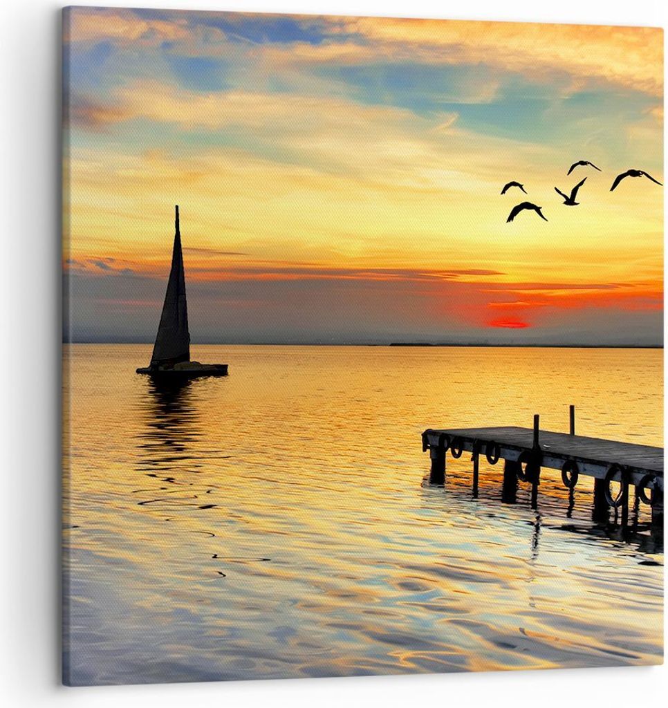 Bild auf Leinwand - Leinwandbild - Strand landschaft wasser brücke - 50x50cm - Wand Bild - Wanddeko - Leinwanddruck - Bilder - Kunstdruck - Wandde...