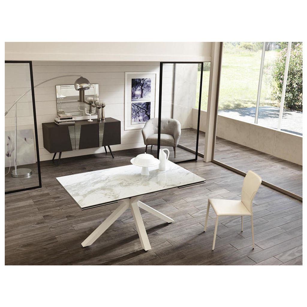 Ausziehbarer Tisch von 160 cm auf 240 cm, moderne Keramikplatte auf weißem Marmor aus gehärtetem Glas