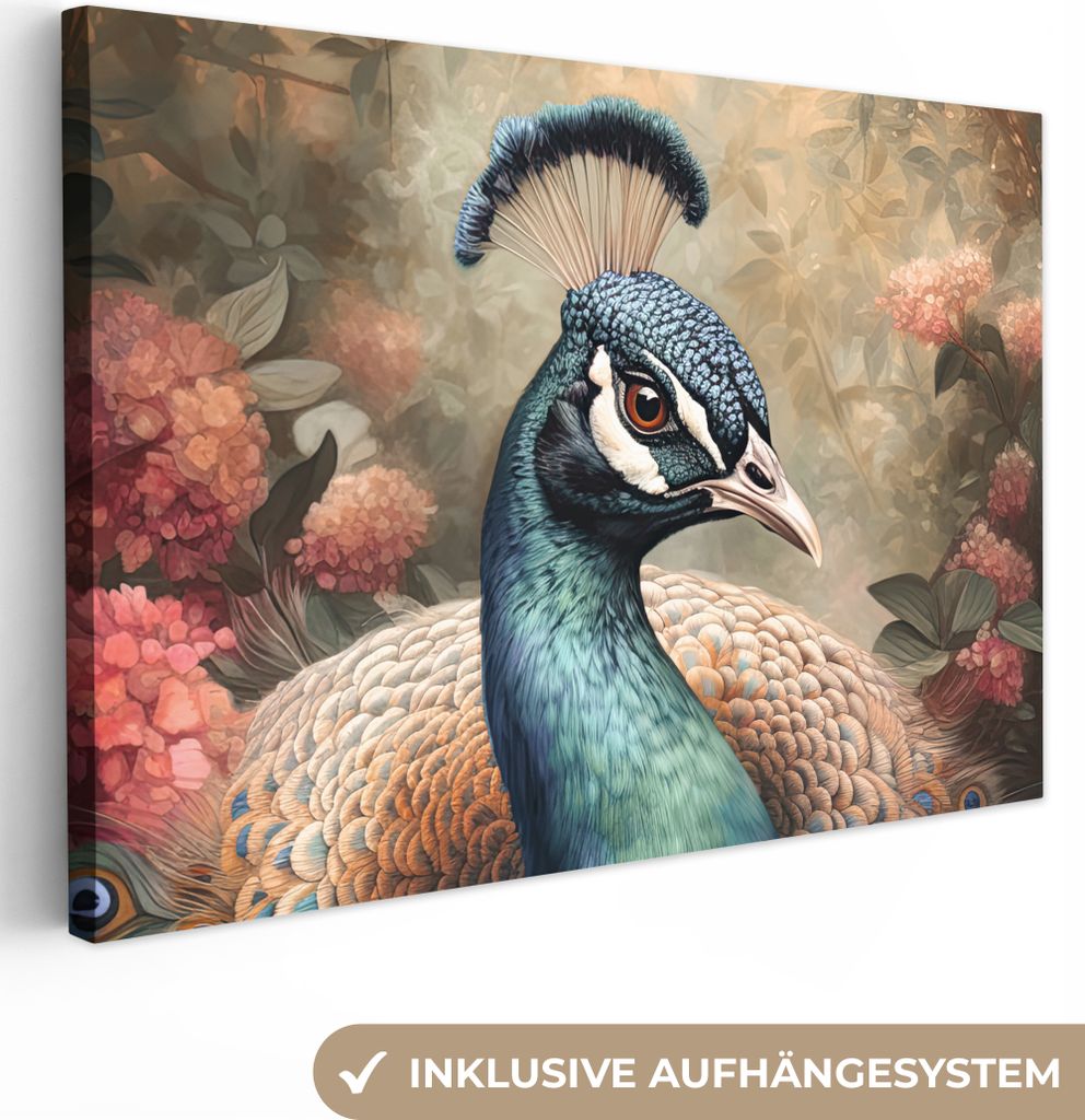 OneMillionCanvasses - Leinwandbilder - 140x90 cm, Pfau - Vogel - Pflanzen - Pfauenfedern, Wandbilder Kunstdruck Wanddekoration - Foto auf Leinwan...