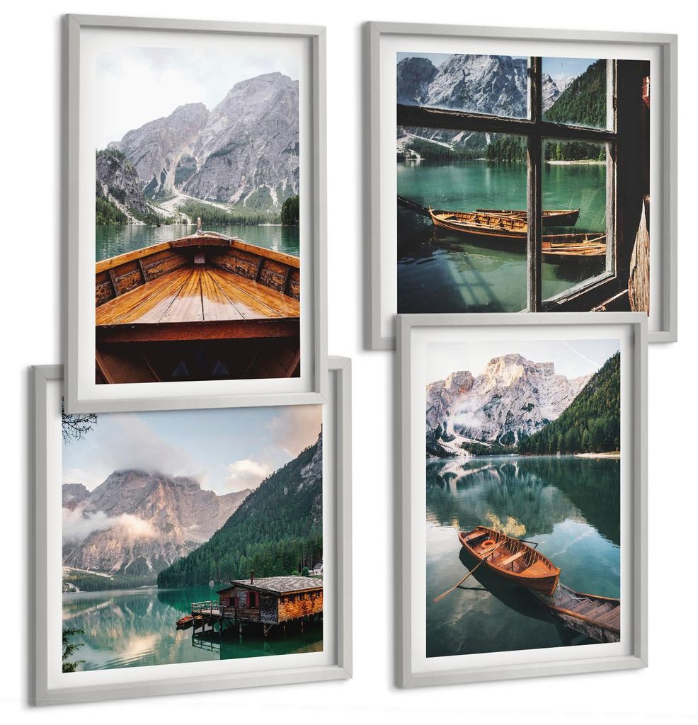 Bilder Set 4-teilig im silbergerahmten Rahmen – Wandbilder 4 Stück – gerahmte Poster für Wohnzimmer, Schlafzimmer und Flur – 50x50 cm - 40x...