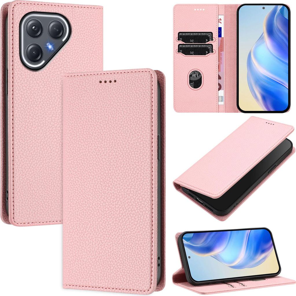 Litchi Leder Handyhülle für Tecno Pova 7 Pro Wallet Kartenfächer Standfunktion Hülle Pink