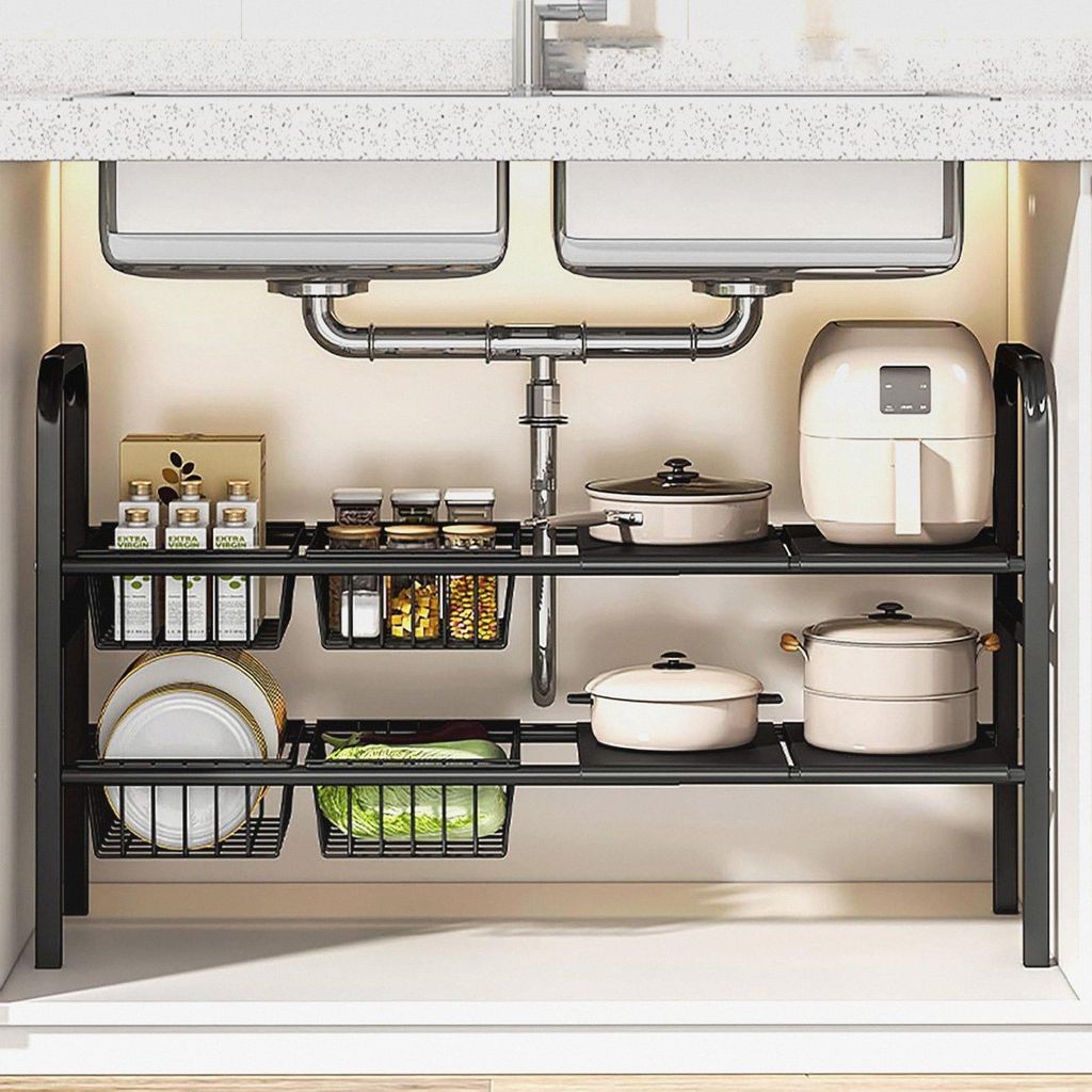 Spülschrank Organizer 2-stöckig - Höhenverstellbar, Breite Ausziehbar (68-91cm), Mit 4 Herausnehmbaren Körben, Abnehmbaren Seitenwänden, Schra...
