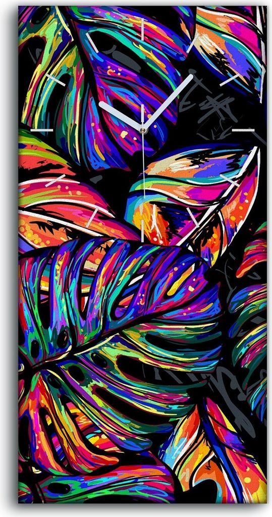 Leinwand Wanduhr Wandkunst Uhr 30x60 Mehrfarbige tropische Blätter Natur - weiße Hände