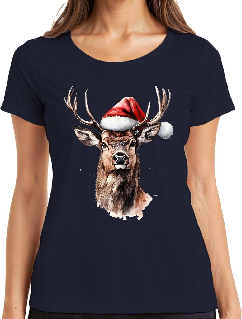 Rentier Santa Geweih Weihnachten Aquarell Geschenk Vintage Lustig Damen T-Shirt, Navy, XL