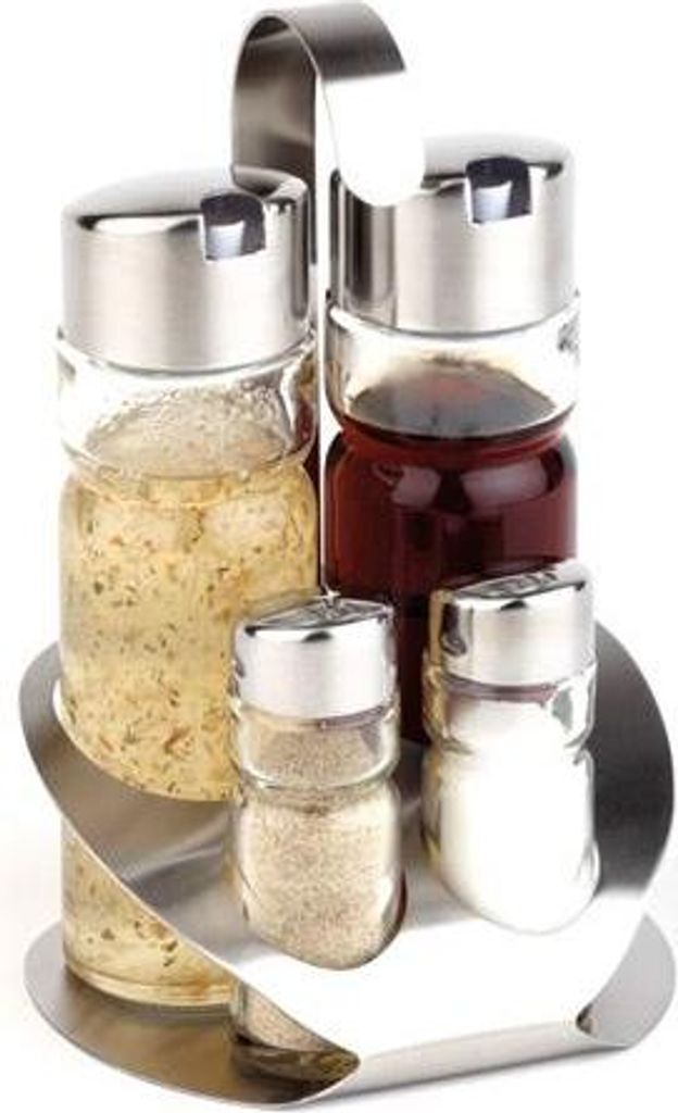 APS 40478 Menage PRO, 12,5 x 11 cm, Höhe 19 cm, Set besteht aus: Essig- und Öl-Flasche, Salz- und Pfefferstreuer, Ständer aus Edelstahl (matt po...