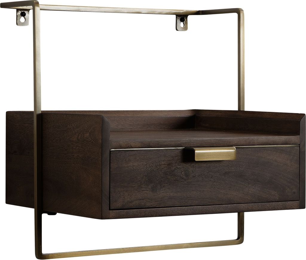 Nachtkonsole für Wandmontage 44x45x35 cm Mango Massivholz Dunkelbraun, Nachttisch mit Schublade, Wandboard Schwebend für Boxspringbett, Nachtschr...