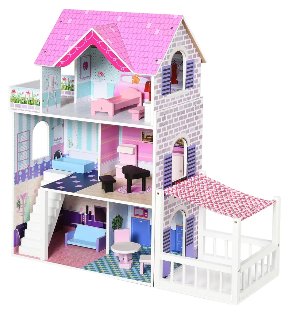 Maison de poupées multi-étages rose équipée d'accessoires de jeu variés