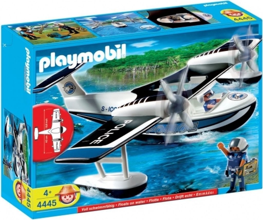 The image shows the packaging of a Playmobil police seaplane toy set.